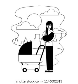 cute mother with baby cart in landscape