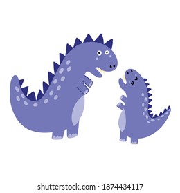 Cute mother and baby dinosaurs print. Funny tyrannosaurus rex dino family clipart. Prehistoric animals isolated element. Vector illustration 