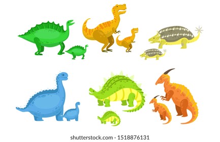 Cute Mother and Baby Dinosaurs Set, Loving Parents and Adorable Kids Prehistoric Animals Vector Illustration