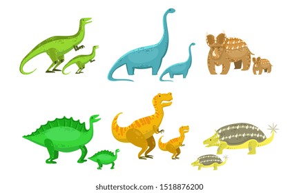 Cute Mother and Baby Dinosaurs Set, Loving Parents and Kids Prehistoric Animals Vector Illustration