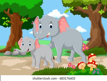 Cute mother and baby elephant with a background of a beautiful garden 