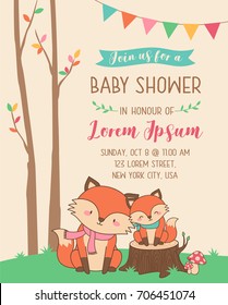 Cute mother and baby foxes illustration for baby shower card template