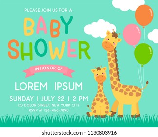 Cute mother and baby giraffes cartoon design for baby shower invitation card template