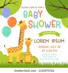 Cute mother and baby giraffes cartoon design for baby shower invitation card template
