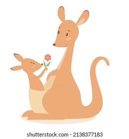 Cute mother and baby kangaroo, on white background. Vector illustration.