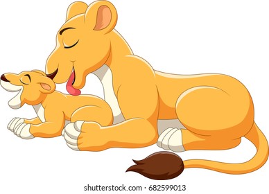 Cute mother and baby lion cartoon