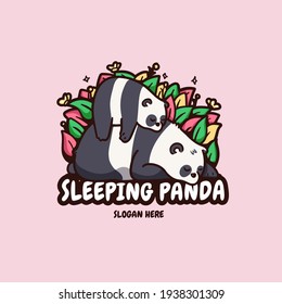 Cute Mother And Baby Panda Asleep Logo Illustration