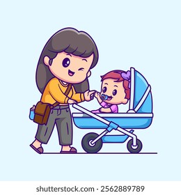 Cute Mother With Baby In Stroller Cartoon Vector Icon 
Illustration. People Family Icon Concept Isolated Premium 
Vector. Flat Cartoon Style