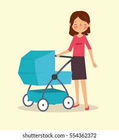 Cute mother with baby in stroller. Vector illustration