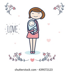 Cute mother and baby vector illustration with flowers and hearts. Postcard design. Love.