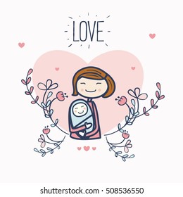 Cute mother and baby vector illustration with flowers and hearts. Postcard design. Love.