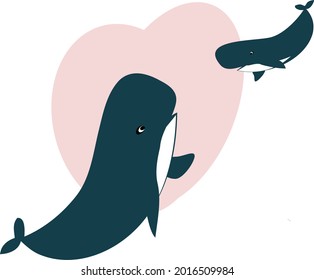 Cute mother and baby whale sea creatures,vector illustration marine animals.