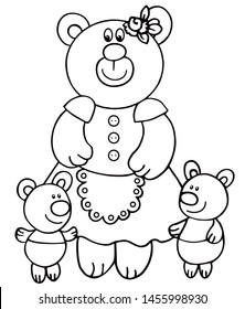 Cute mother bear with her 2 children. Black and white vector for coloring, for card or gift.