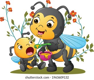 The cute mother bee is feeding her baby bee with a spoon of honey of illustration