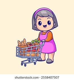 Cute Mother Bring Groceries With Trolley Cartoon Vector Icon 
Illustration. People Food Icon Concept Isolated Premium 
Vector. Flat Cartoon Style 