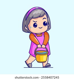 Cute Mother Bring Water In Bucket Cartoon Vector Icon 
Illustration. People Healthy Icon Concept Isolated Premium 
Vector. Flat Cartoon Style 