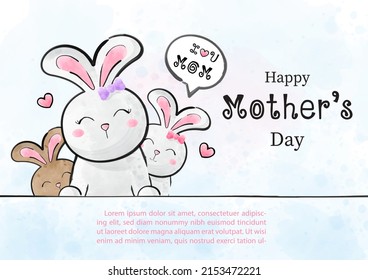 Cute mother bunny and her children in cartoon character and watercolors style with wording of mother's day, example texts on blue background. Mother's day greeting card in watercolors and vector.