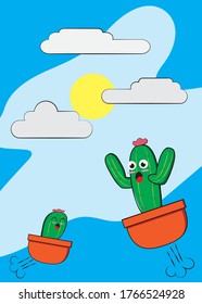 Cute mother and cactus child. Vector cartoon illustration with blue background.