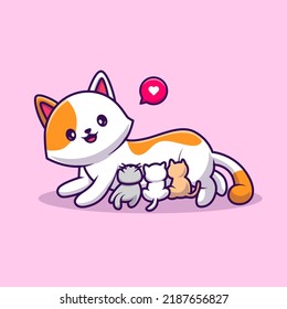 Cute Mother Cat Breastfeeding Kitten Cartoon Vector Icon Illustration. Animal Nature Icon Concept Isolated Premium Vector. Flat Cartoon Style