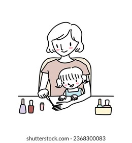 Cute mother and child applying nail polish together. Happy Mom and daughter sitting at table and applying nail polish. Woman teaching her little girl to apply nail polish. Woman painting fingernails.