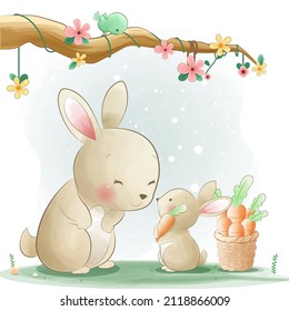 Cute mother and child bunny cartoon illustration