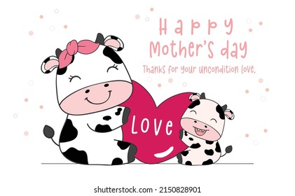 cute mother and child hug love heart, happy mother's day, livestock farm animal cartoon character doodle drawing illustration