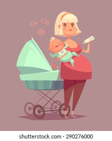 Cute mother with child. Isolated vector illustration.