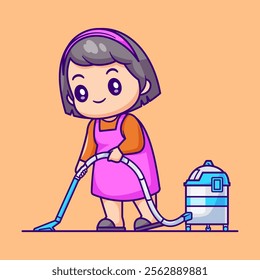 Cute Mother Cleaning With Vacuum Cleaner Cartoon Vector 
Icon Illustration. People Healthy Icon Concept Isolated 
Premium Vector. Flat Cartoon Style 