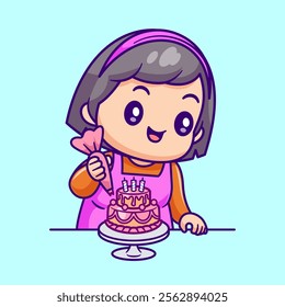 Cute Mother Cooking Birthday Cake Cartoon Vector Icon 
Illustration. Food Holiday Icon Concept Isolated Premium 
Vector. Flat Cartoon Style