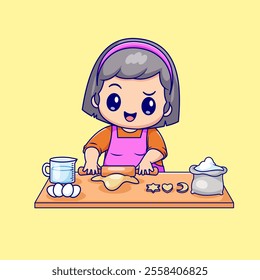 Cute Mother Cooking Cookies Cartoon Vector Icon Illustration. 
People Food Icon Concept Isolated Premium Vector. Flat 
Cartoon Style 