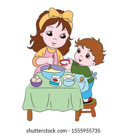 A cute mother cooks with her child - vector