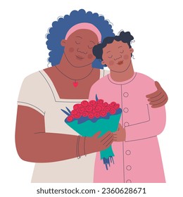 Cute mother and daughter with a bouquet of flowers are hugged. Dark-skinned peoples. Vector isolated illustration for design. Birthday or Mother's Day.