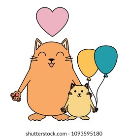 cute mother and daughter cats with heart and balloons air