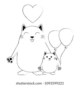 cute mother and daughter cats with heart and balloons air