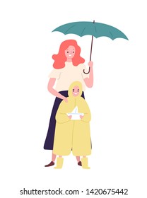 Cute mother and daughter dressed in raincoat standing under umbrella. Mom and child walking outdoors on rainy day. Happy family, parenthood and maternity. Flat cartoon colorful vector illustration.