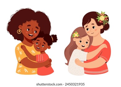 Cute mother and daughter. Happy family set. Beautiful light and dark-skinned woman tenderly hugging teenage girl. Vector illustration flat cartoon style. Isolated female character.