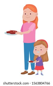 cute mother and daughter with meat steak vector illustration design
