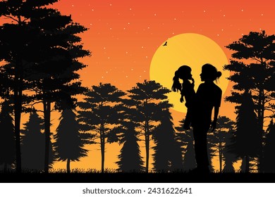 cute mother and daughter silhouette