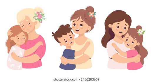 Cute mother with daughter and son. Happy family collection. Beautiful woman tenderly hugging their child. Vector illustration flat cartoon style. Isolated character for holiday design