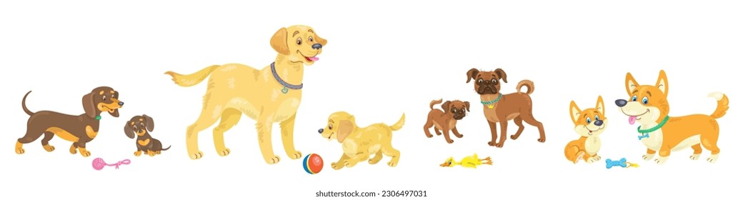 Rute Mutter Hund mit ihrem Welpen. Reihe verschiedener Rassen. Dachshund, goldener Retriever, belgischer Greifen und Korgi. Im Cartoon-Stil. Einzeln auf weißem Hintergrund. Vektorflache Illustration.