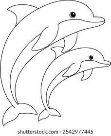 Cute Mother dolphin and baby  coloring page for kids. Funny animal outline illustration