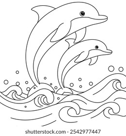 Cute Mother dolphin and baby jumping out of the sea coloring page for kids. Funny animal outline illustration