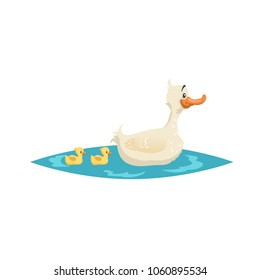 Cute mother duck swim with ducklings on little lake. Farm animals. Cartoon style vector illustration for child education.