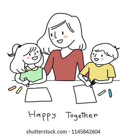 Cute mother embracing her daughter and son and guiding them to drawing picture on blank paper sheets. Little boy and girl holding crayon color for drawing and painting in art class with their teacher.