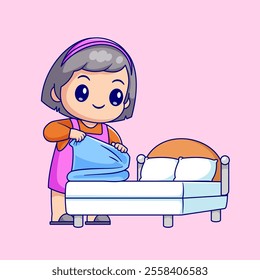 Cute Mother Folding Blanket In Bedroom Cartoon Vector Icon 
Illustration. People Healthy Icon Concept Isolated Premium 
Vector. Flat Cartoon Style 