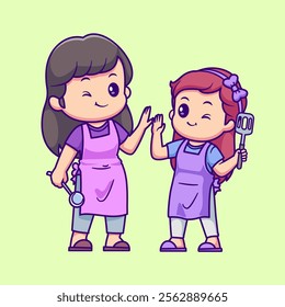 Cute Mother With Girl Cooking Together Cartoon Vector Icon 
Illustration. People Family Icon Concept Isolated Premium 
Vector. Flat Cartoon Style 
