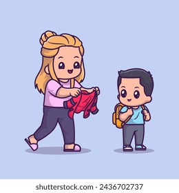 Cute Mother Giving Jacket To Boy Cartoon Vector Icon Illustration. People Education Icon Concept Isolated Premium Vector. Flat Cartoon Style