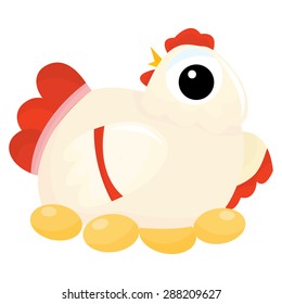 Cute mother hen with golden eggs cartoon vector illustration.
