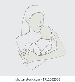 Cute mother with her baby. sketch silhouette, symbol, icon, sign. motherhood. Woman with a child in her arms. Flat minimal design isolated on a soft background.