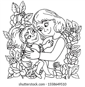 Cute mother and her daughter in a hug, surrounded by roses. Black and white vector for card or gift, for coloring.